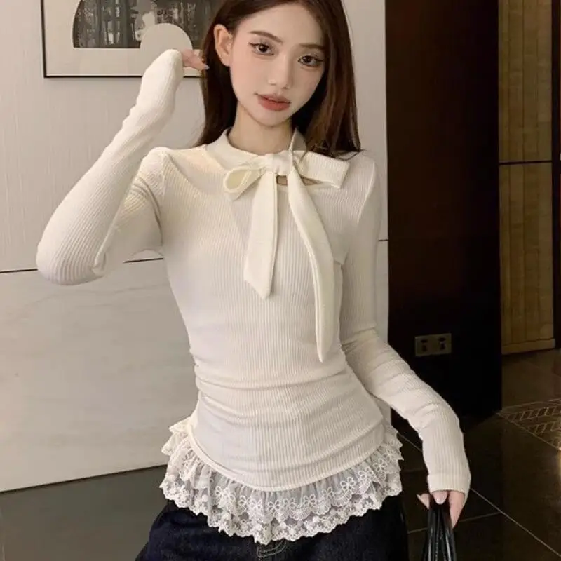 

Милый стиль, изысканная мода, универсальный женский галстук-бабочка с длинными рукавами на весну и осень, облегающая нижняя рубашка с вырезами