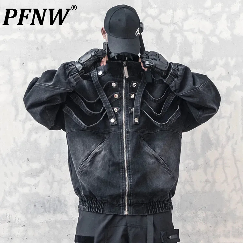 PFNW Niche Design Men\'s Denim Jackets Big Pockets Webbing Metal Button Stand Collar Personality Autumn Male Coats New 12C927