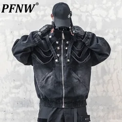 PFNW Niche Design Men's Denim Jackets Big Pockets Webbing Metal Button Stand Collar Personality Autumn Male Coats New 12C927