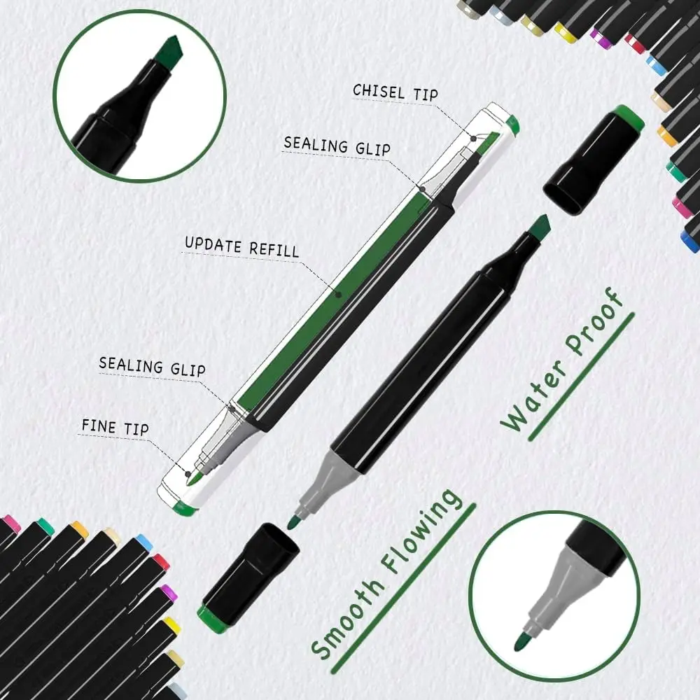 80 لونًا لعلامات الكحول ذات الأطراف المزدوجة مجموعة أقلام رسم دائمة للأطفال والكبار، رسم توضيحي للرسم