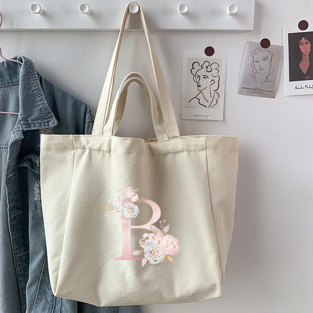 Women's Shopping Bags 2025 Canvas New Style Pink Flower Letter Printed Shoulder Bags Organizer Reusable Casual Handbag Tote Bags