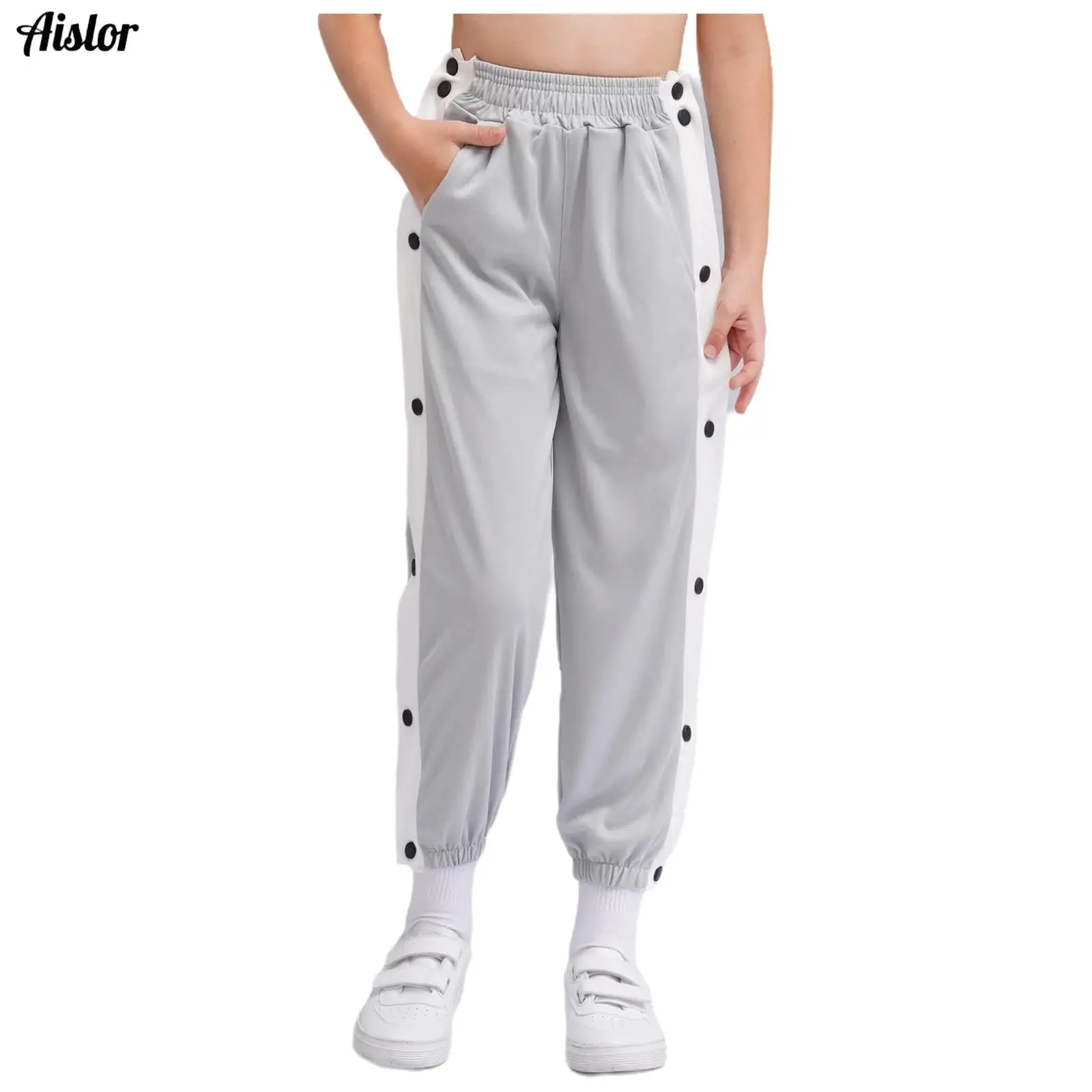 

Kids Boys Girls Side Split Press Button Pants Casual Contrasting Stripe Sweatpants Sport Basketball Trousers Fashion Streetwear