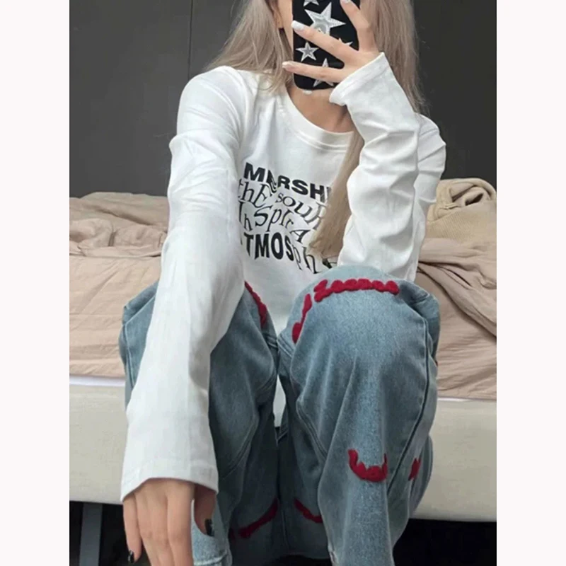 Y2K High Waisted Jeans Women American Retro Embroidered Loose Fit Slimming Wide Leg Straight Pants Autumn New