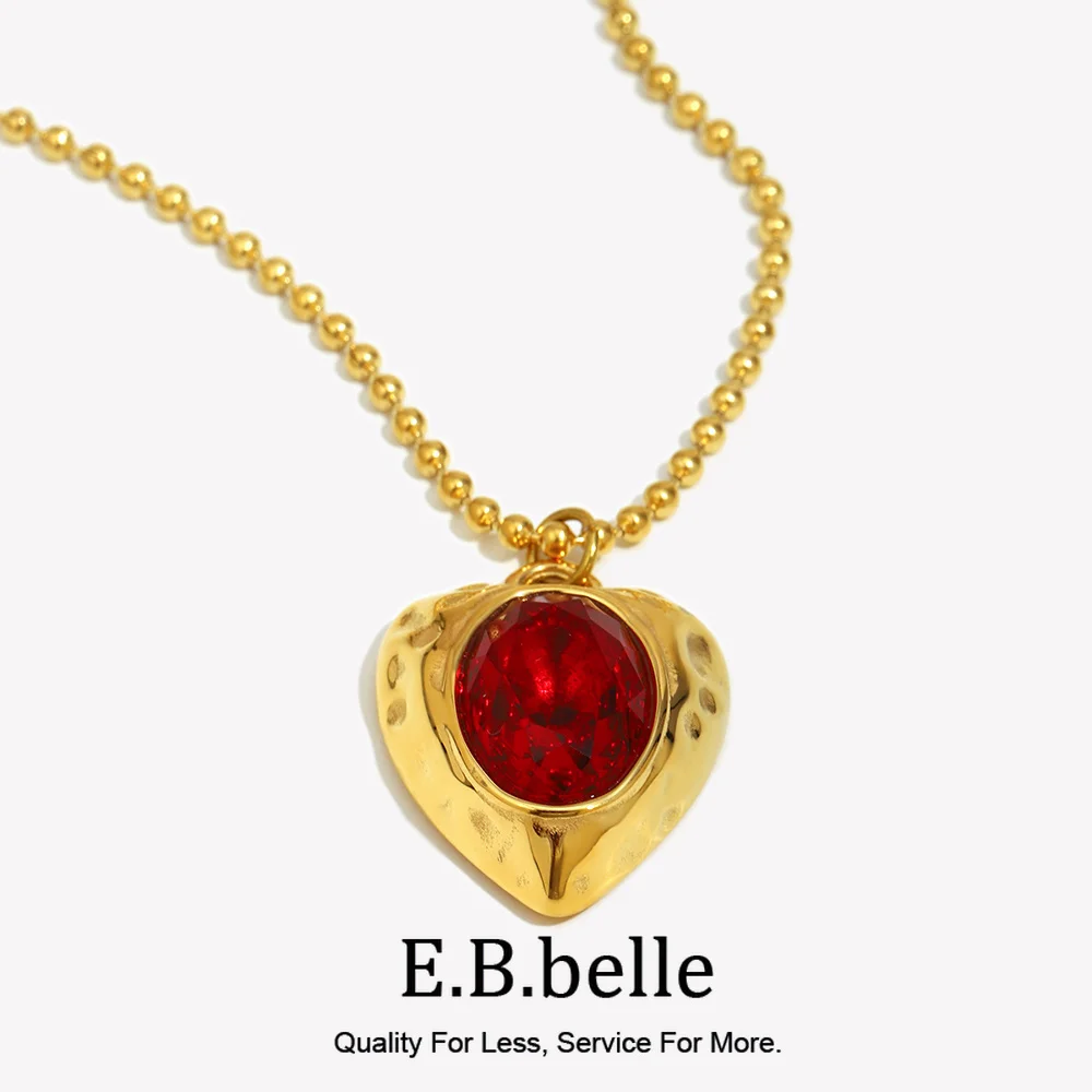 Ebbelle PVD banhado a corrente de contas em formato de coração colar com pingente de pedra preciosa vermelha em aço inoxidável brilhante joias de pescoço vintage