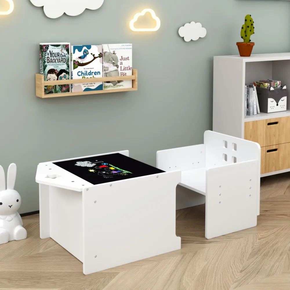 Adjustable Wooden Kids Activity Table & Chair Set – 3-Level Height Toddler Desk with Blackboard & Step Stools for Children