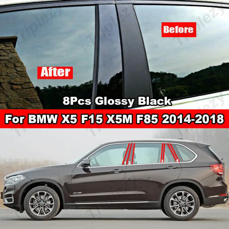 8Pcs Glossy Black Car Window Door Column B C Pillar Post Cover Trim For BMW X5 F15 X5M F85 2014-2018 PC Material Sticker