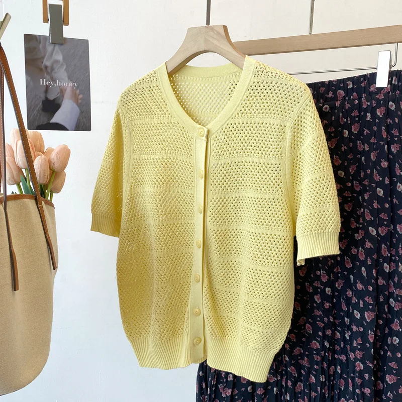

Dave&di 26 Spring/summer New Product Senyun And Paper Yarn Round Neck Hollow Knitted Short Sleeve Cardigan Solid Color Top