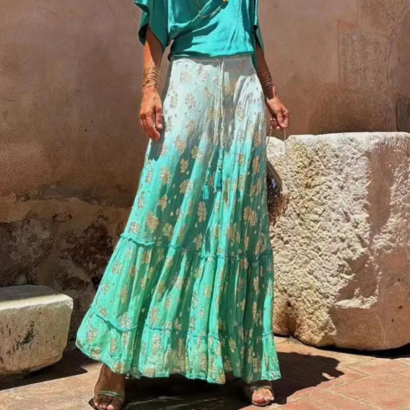 

Elegant High Waist Ruffled Swing Long Skirt Summer Casual Floral Print Pleated Skirts Fashion Gradient Holiday Beach Loose Skirt