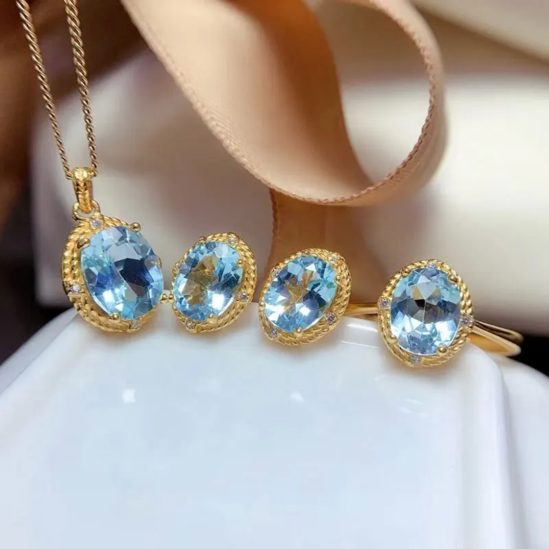 Classic 925 Silver Jewelry Set for Office Women 6mm*8mm 7mm*9mm Total 4.5ct Natural Topaz Ring Earrings Pendant