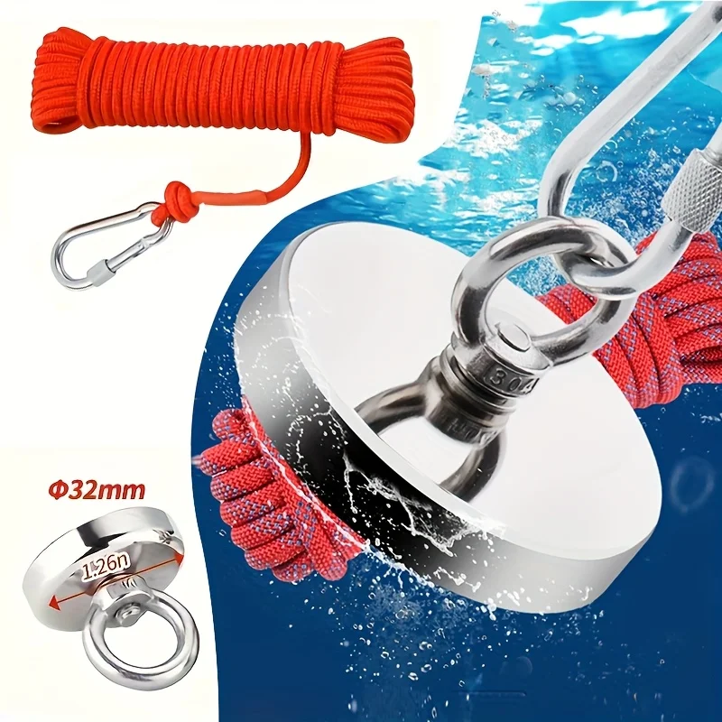 Salvage magnetic set, equipped with a 1000cm/393.7-inch long rope, suitable for river fishing and load suspension, magnetic reco