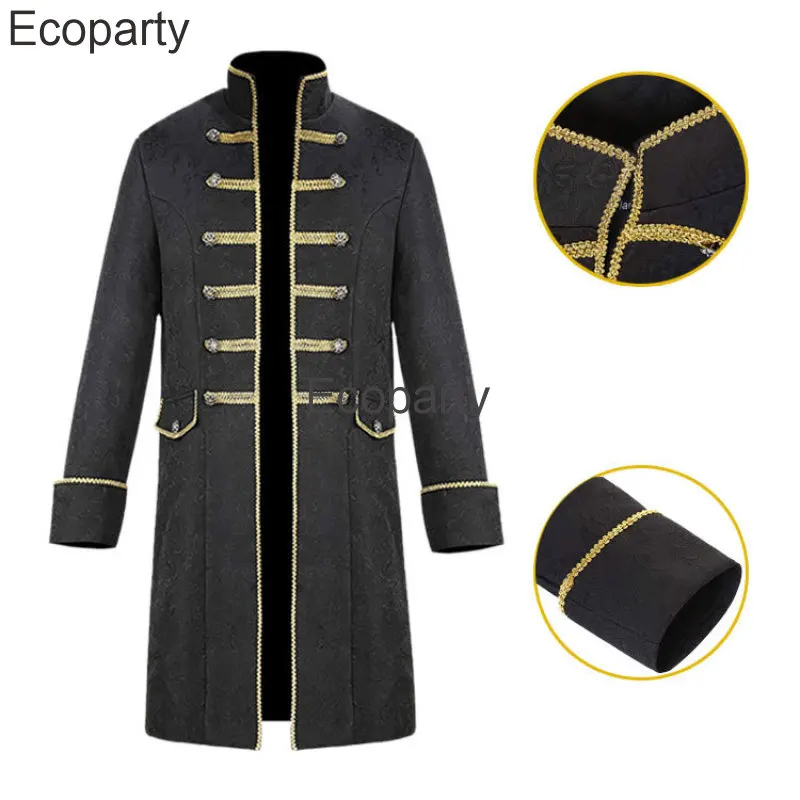 New Men Spring Autumn Vintage Steampunk Trench Coat Black Stand Collar Embroidered Long Gothic Jacket Halloween Medieval Costume