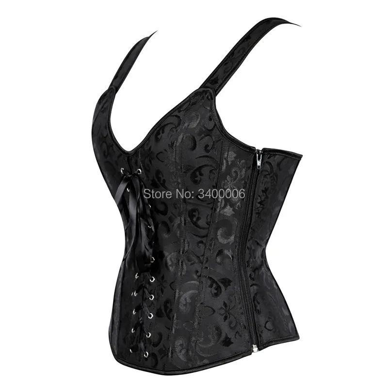 Caudatus Corsets and Bustiers Satin Sexy Brocade Corset with Straps Plus Size Zipper Jacquard Overbust Corset Vest Vintage Black