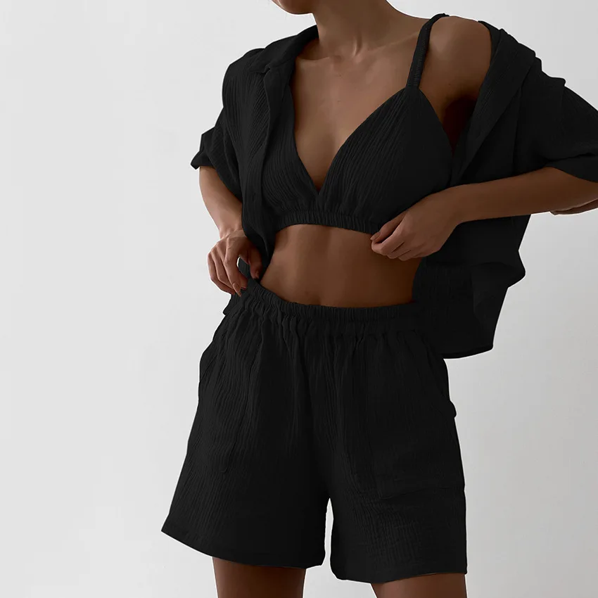 

Women's Cotton Pajama Set Single-breasted Short-sleeved Suit Shorts & Sexy Lingerie Bra Pyjamas for Women 3PCS Loungewear Outfit