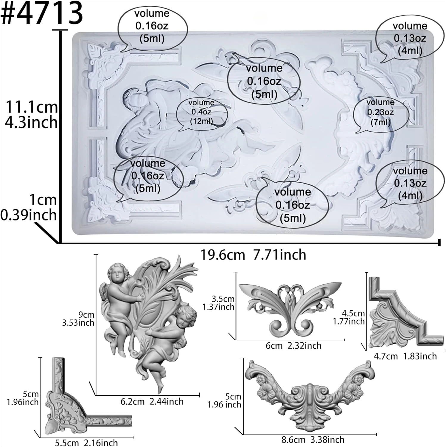 Baroque Relief Embossed Art Silicone Mold Cupid Frame for Polyclay Air Dry Clay Plaster, Decorative Column and Sculpture Statue