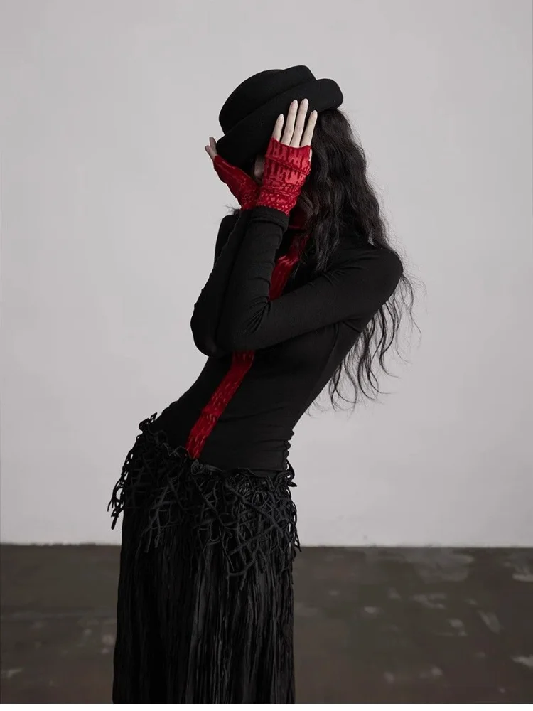 Harajuku Contrast Color Patchwork Tshirts Grunge Knitted Women Bodycon Tops Y2k Aesthetic Half High Collar Vintage Tees