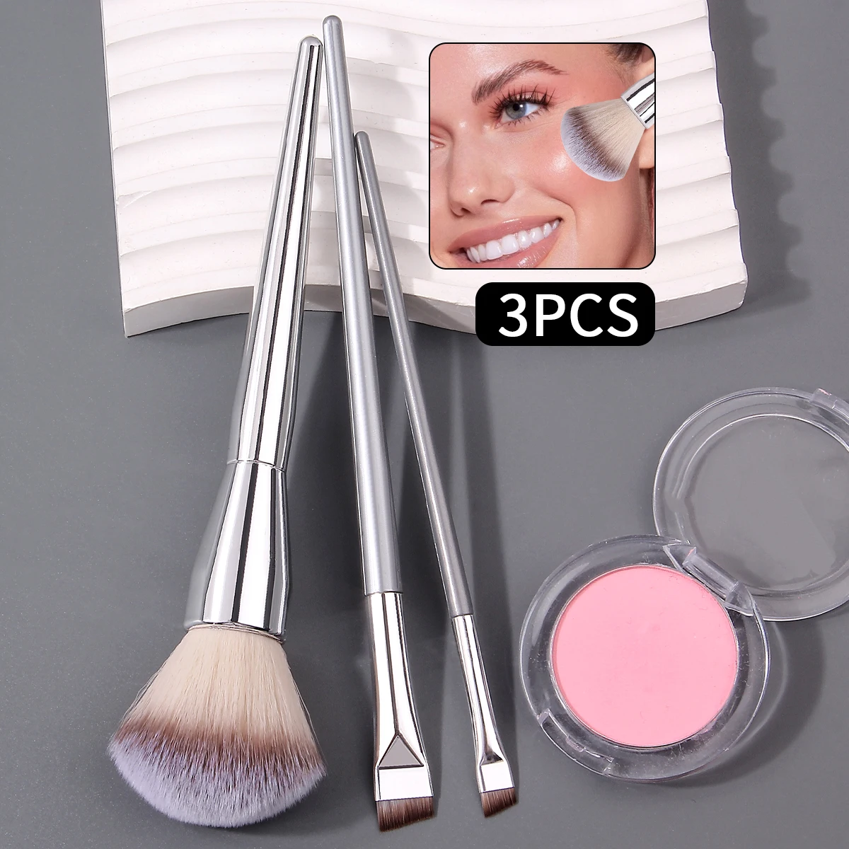 3 pçs prata mini conjunto escova em forma de flor blush escova + dois pincéis de delineador em forma de faca ultra-fino de diferentes tamanhos