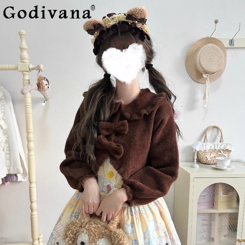 

Japanese Soft Girls Sweet Lolita Knitted Short Cardigan Autumn New Girl's Sweet Bowknot Ruffled Doll Collar Knitted Jacket Top