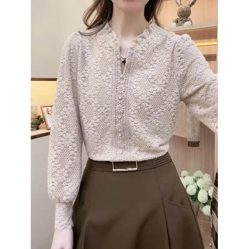 2023 New Spring and Autumn and Winter Western Style Korean Commuter Fashion Stand Up Neck Lace Jacquard Plush Thickened Shirt