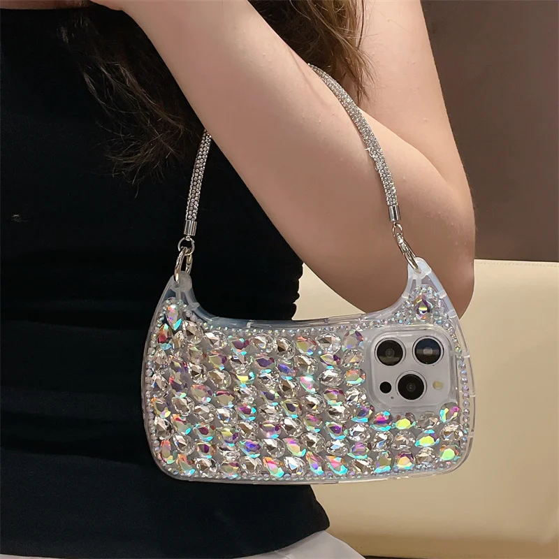 Luxury Bling Rhinestone Hand Bag For iPhone 16 Pro 15 14 13 Pro Max 12 Phone Case Silicone Cute Cases For Apple 15Pro max Funda