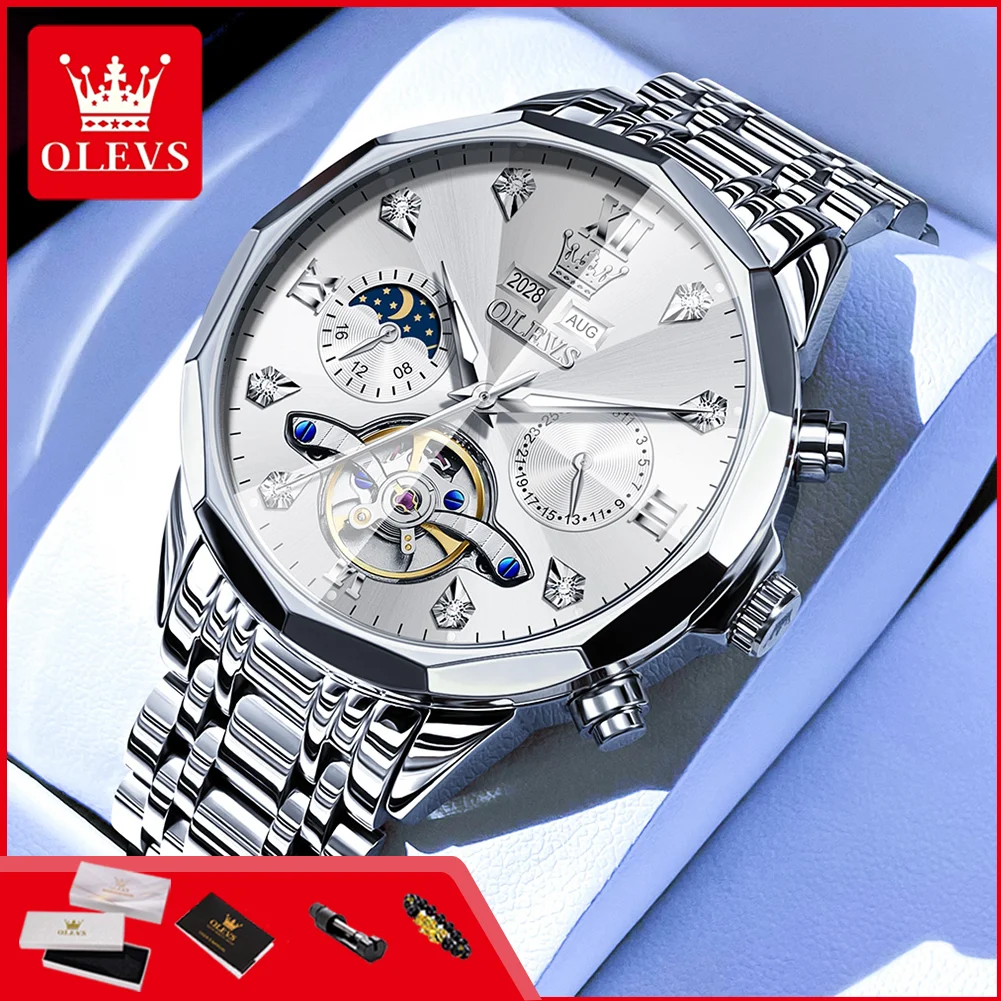 

OLEVS 6621 Skeleton Automatic Mechanical Mens Wristwatches Luminous Day Date Moon Phase Waterproof Classic Business Man Watch