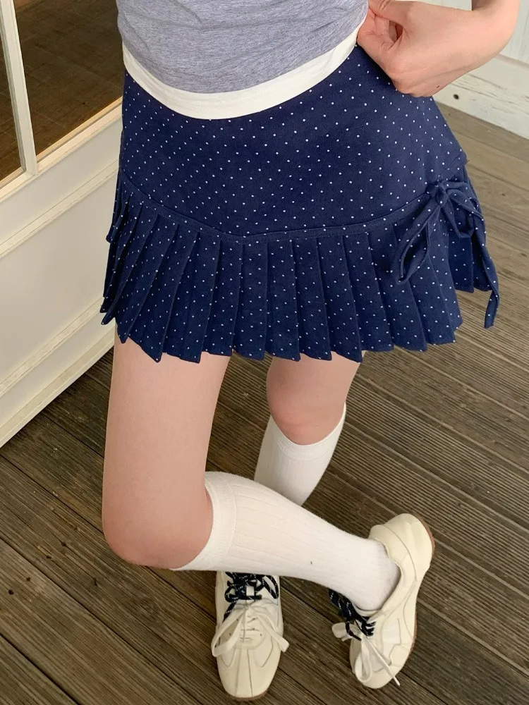 

Wave Point Print Pleated A-line Skirts Summer High Waist Lace Up Bow Skirt for Women 2025 New Black All-match Faldas Mujer