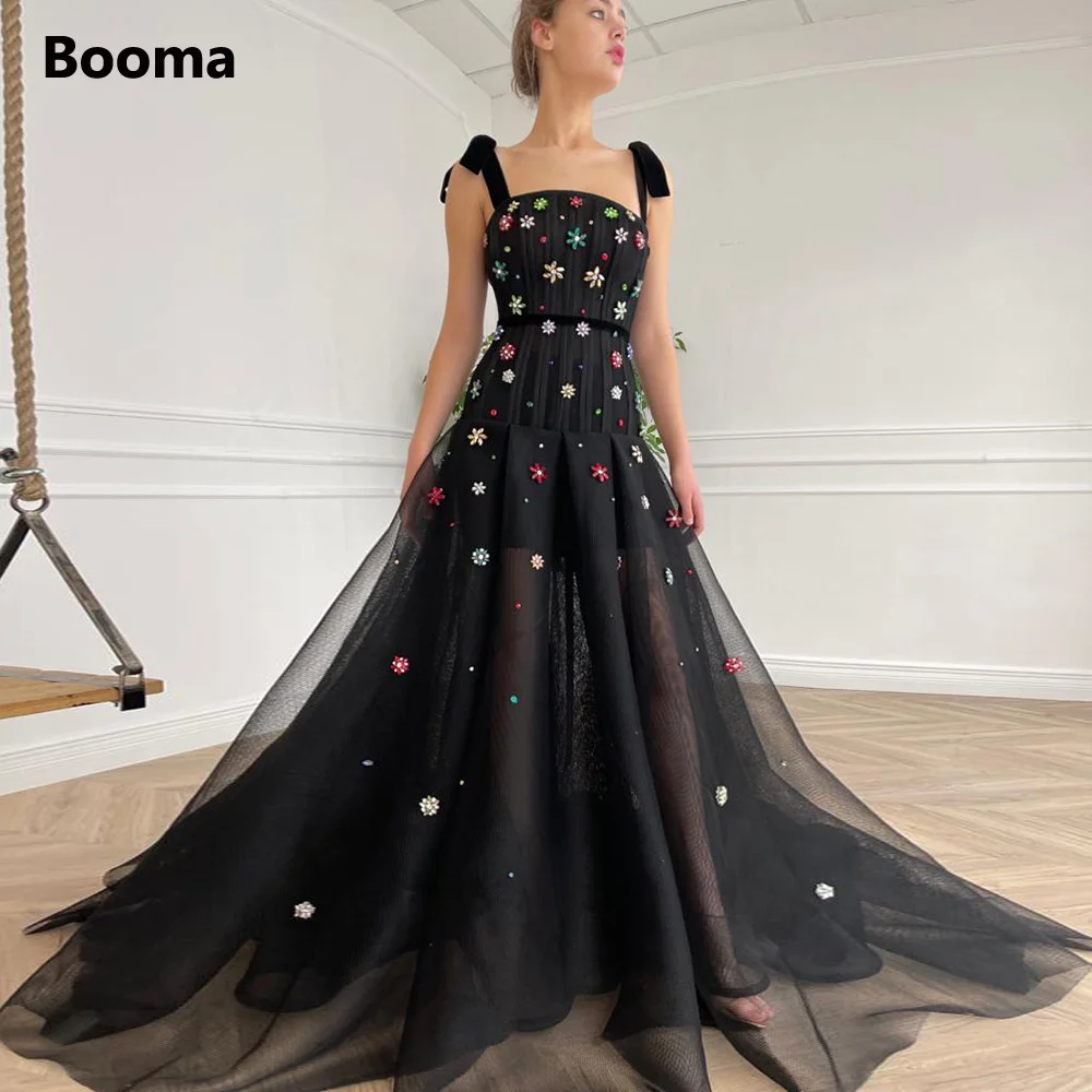 Booma Black Mesh Net Tulle A-lijn Prom Dresses Spaghettibandjes Kristallen Fluwelen Sjerpen Lange Avondjurken Formele Partij Jassen