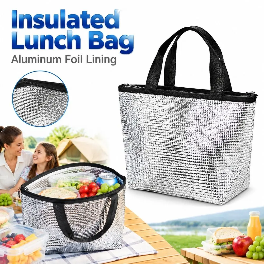 New Aluminum Foil Lining Lunch Bag Zipper Closure Handheld Insulated Cooler Bag Reusable Silver Thermal Tote Carrying