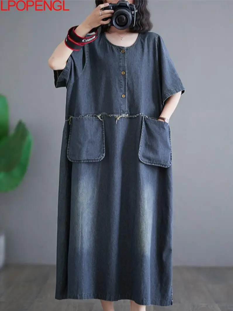 

Women's Long Sleeved O-neck Streetwear A-line Denim Three-dimensional Pockets Split Pullover Mid-calf Loose Waist Dress