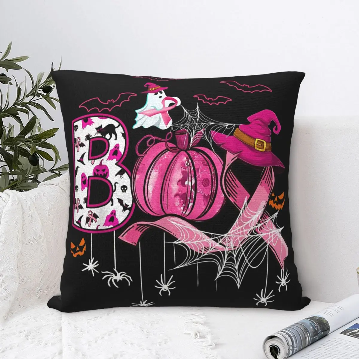 Boo Halloween Pumpkin Pink Ribbon Witch Breast Cancer Pillowcase Cushion Cover Decorations Throw Pillow Case Cover Sofa