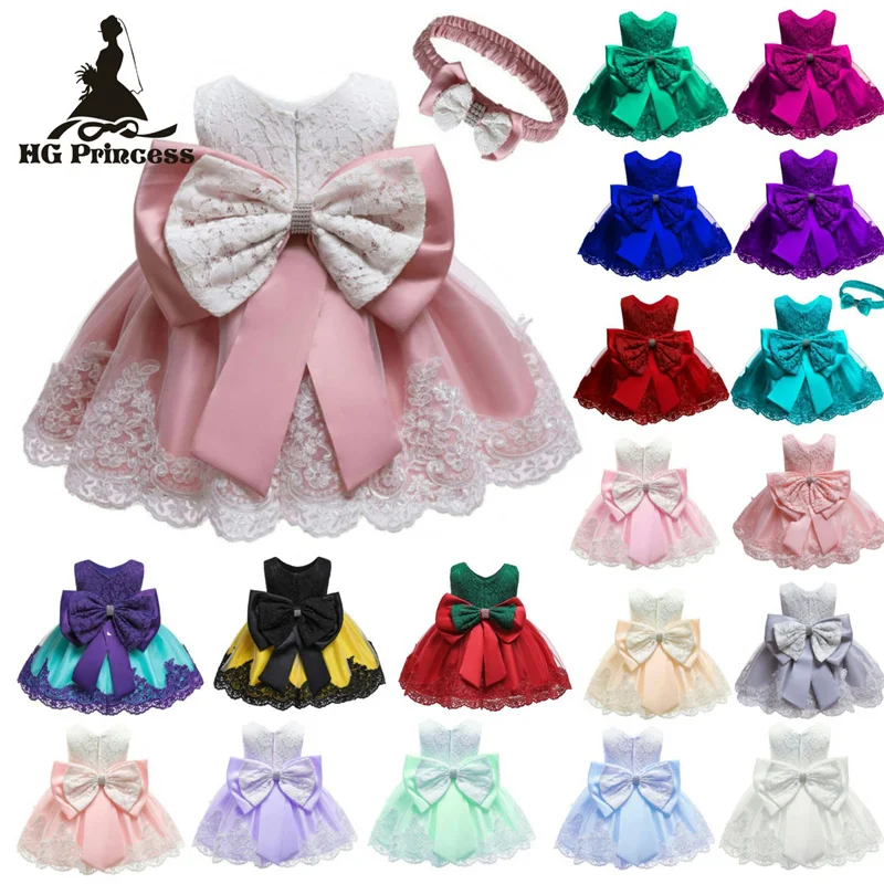 2024 Baby Girls Princess Dress Hairband 2Pcs Elegant Bow Toddler Girl 1 Years Birthday Party Lace Ball Gown Vestidos Kids Dresse