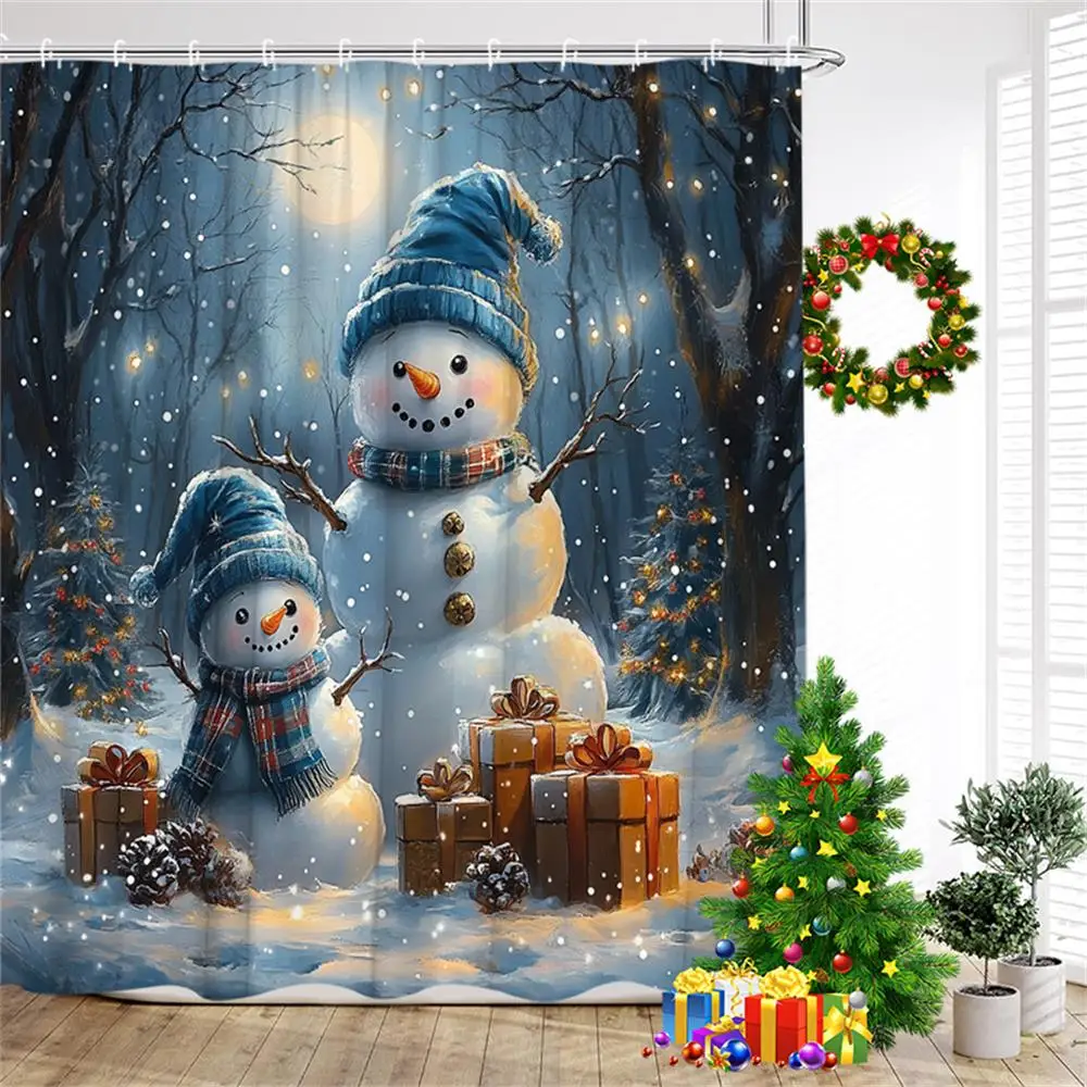 Funny Snowman Shower Curtain Winter Forest Snowflake Gift Blue Christmas Bath Curtains Cloth Home Bathroom Decoration With Hooks