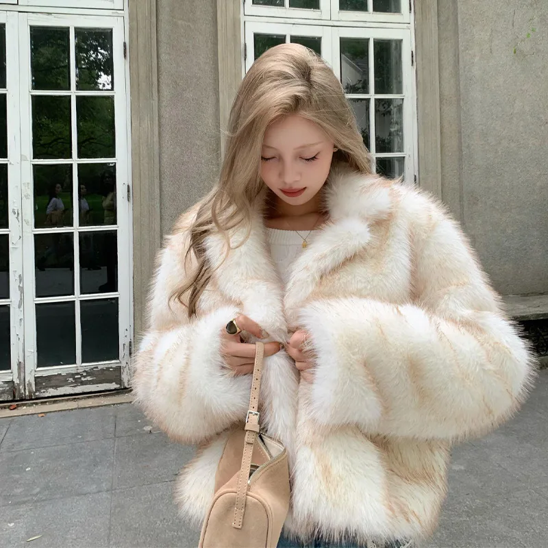 Winter Women Faxu Fur Coat Fashion Long Sleeve Loose Jacket Casual Outerwear Chic V-neck Long Sleeve Daily Street Warm Coat