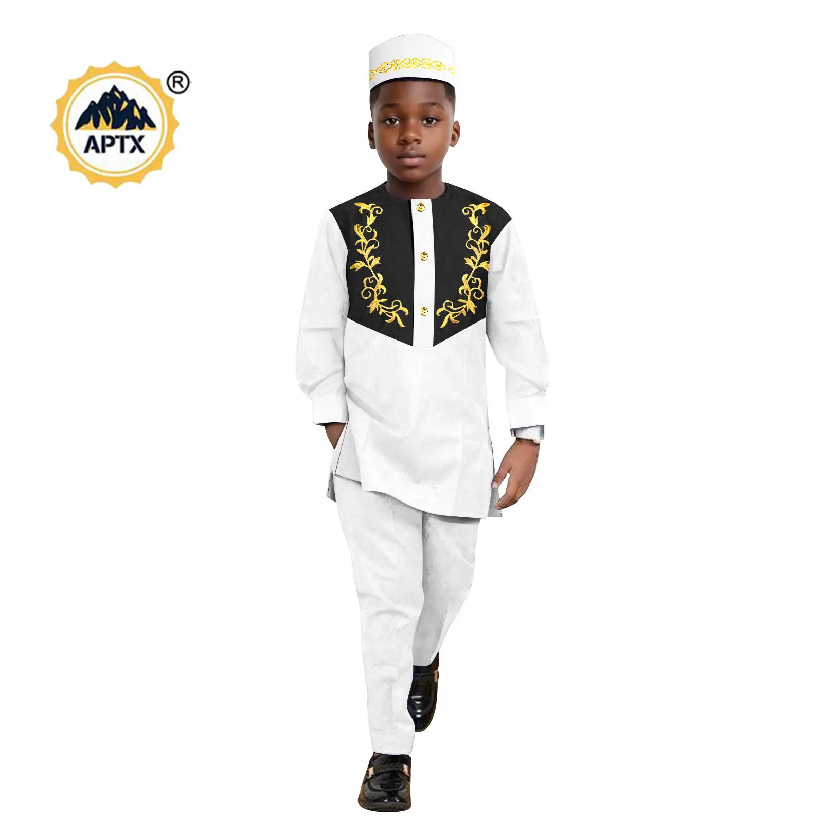 

African Clothes for Boy Dashiki Children Appliques Top Shirt and Pant Sets match Hat Cap Bazin Riche Kid Muslim Outfits 2446042