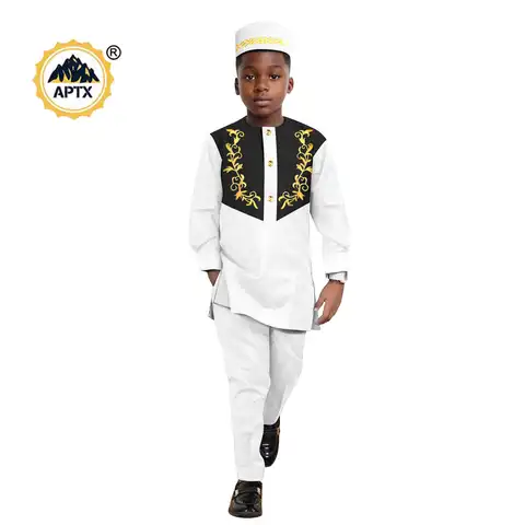 African Clothes for Boy Dashiki Children Appliques Top Shirt and Pant Sets match Hat Cap Bazin Riche Kid Muslim Outfits 2446042