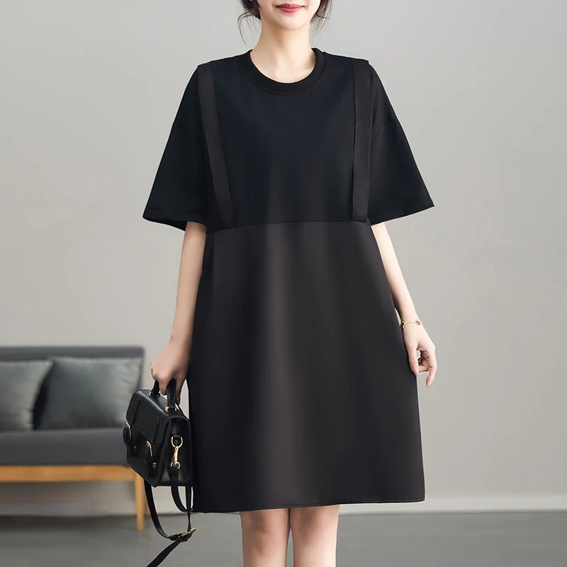 T-shirt coréen décontracté pour femmes, mi-long, épissé, ample, Bla Dr Faionable, aspect deux pièces, coupe droite, été...