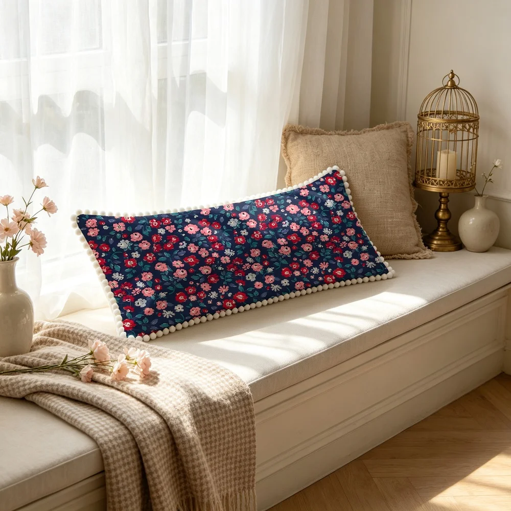 1PC White Background with Blue White Grey Abstract Flowers, Modern Art Misty Floral Long Pillow Cover with Pom Pom Trim