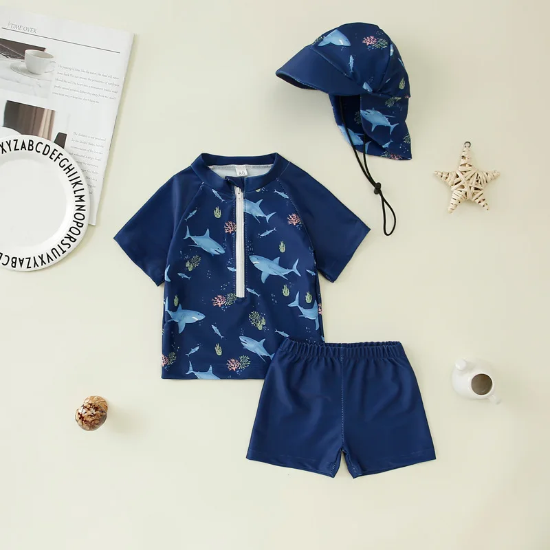 Boys Two-piece Swimsuit + Sun Hat Kids Cartoon Shark Whale Print Sun-protective Quick-Dry Surfing Bathing Suit Baby Swimwear