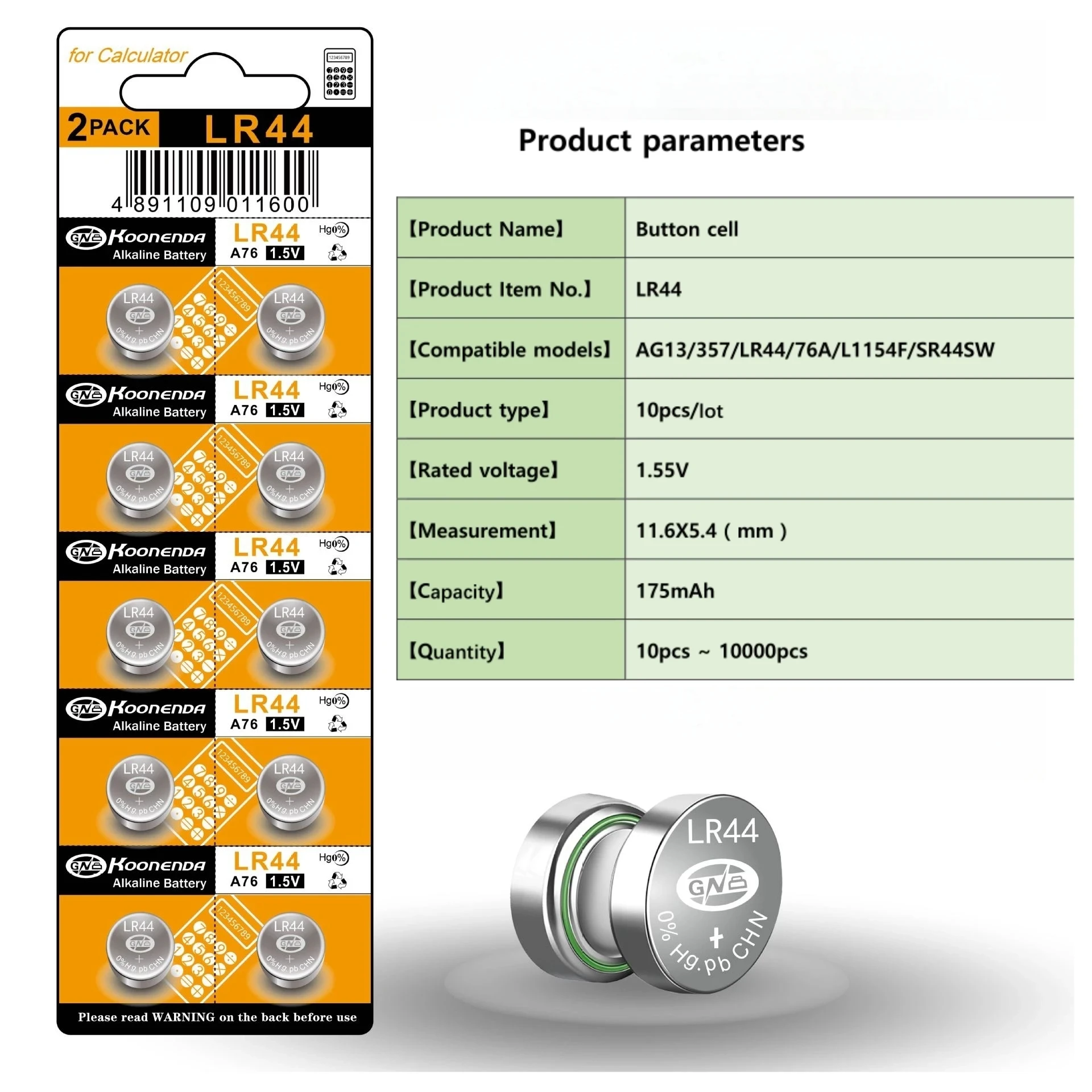 Bateria Alcalina de Alta Capacidade para Calculadora, Bateria Celular Moeda Botão, AG13, LR44, L1154F, SR44, A76, 1.5V, 2-50Pcs