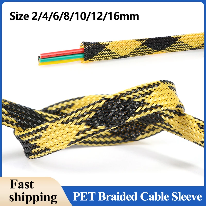 

Black Yellow PET Braided Cable Sleeve 2/4/6/8/10/12/16mm Expandable High Density Hardness Insulated Line Protection Wrap Sheath
