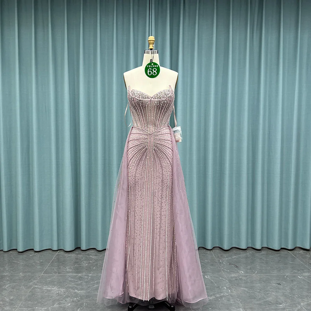 

YQLNNE 068 Pink Crystals Beaded Long Evening Dresses Mermaid With Removable Train