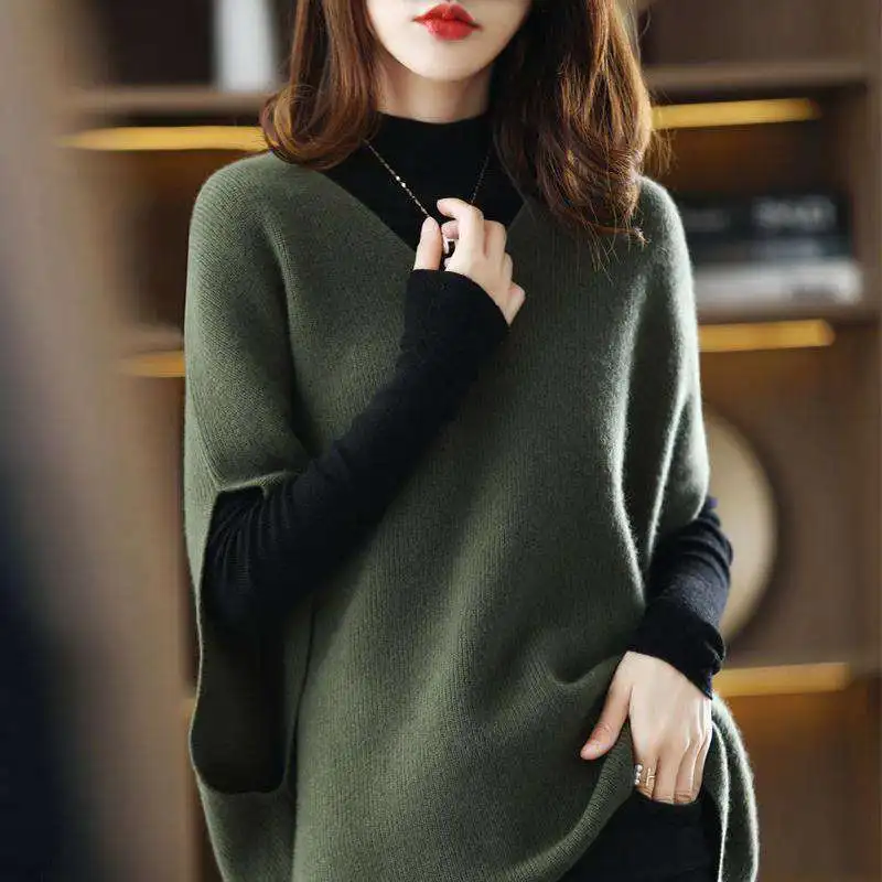 Sweater rajutan lengan panjang leher V Wanita kasual mode baru sweater rajutan sayap kelelawar Solid longgar polos rompi pakaian rajut musim gugur