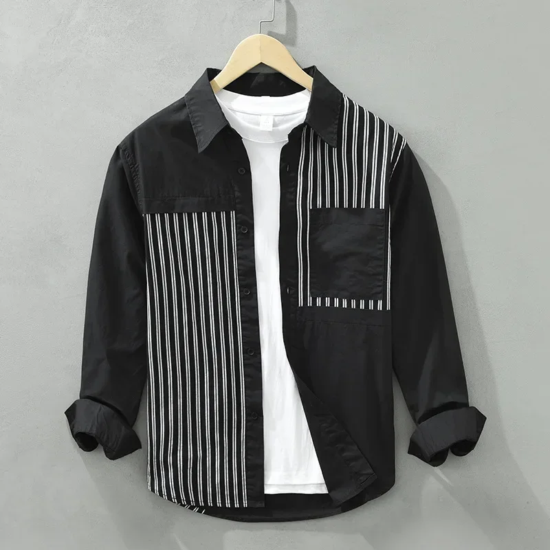 

Новая черная рубашка с длинным рукавом, мужская уличная одежда, повседневный топ из 100% хлопка, уличная лоскутная полосатая рубашка, корейская модная мужская одежда