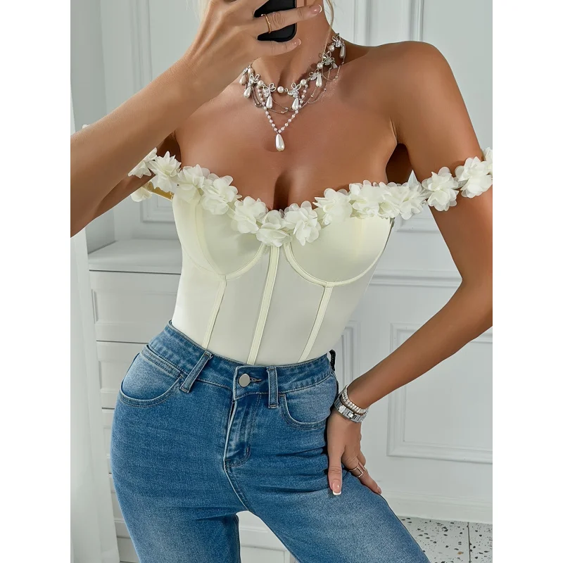 European And American 3D Flower Off-The-Shoulder Sexy Hot Bodysuit 70210