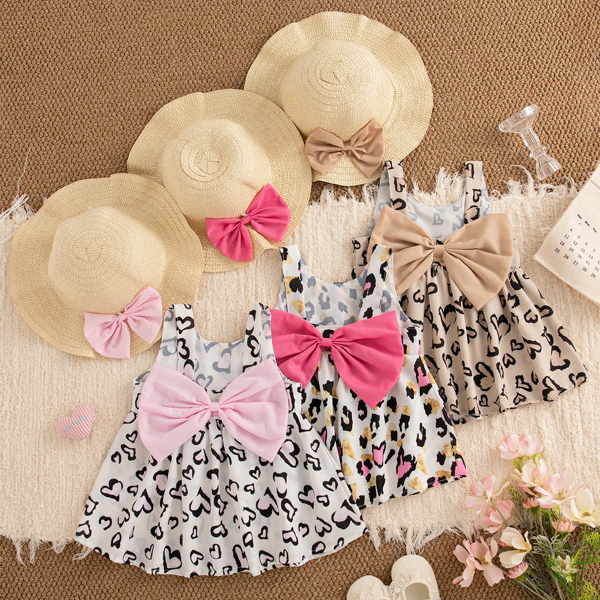 Heart Print Baby Girl Dress Summer New Sweet Bow Children'S Clothing+Hat (6-24 Months)