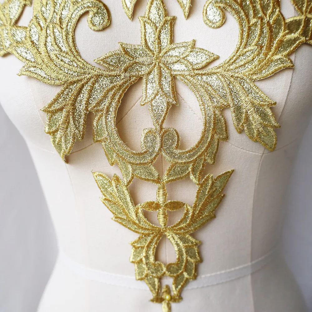 Gold Embroidery Sequin Shiny Flower Applique Collar Sew Iron Patch For Wedding Bridal Gown Party Dress DIY Clothes Decor Crafts