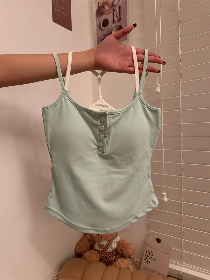 

Women Summer Contrast Color Fake Two-piece Tank Top Sweet Fragmented Flower Crop Top with Bra Pad Spaghetti Strapy Camisole