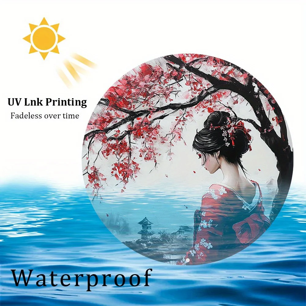 2D Flat, 1pc Japanese Cherry Blossom Geisha Metal Wall Art - Round Iron Sign with Traditional Kimono Design, Red Blossoms & Pago