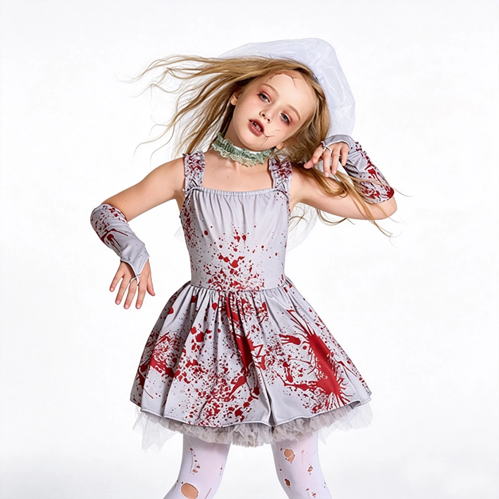 Halloween Party Girls Zombie Bride Costume Gothic Kids Bloody Dress with Head Veil Gloves Scary Ghost Outfit for Trick or Treat