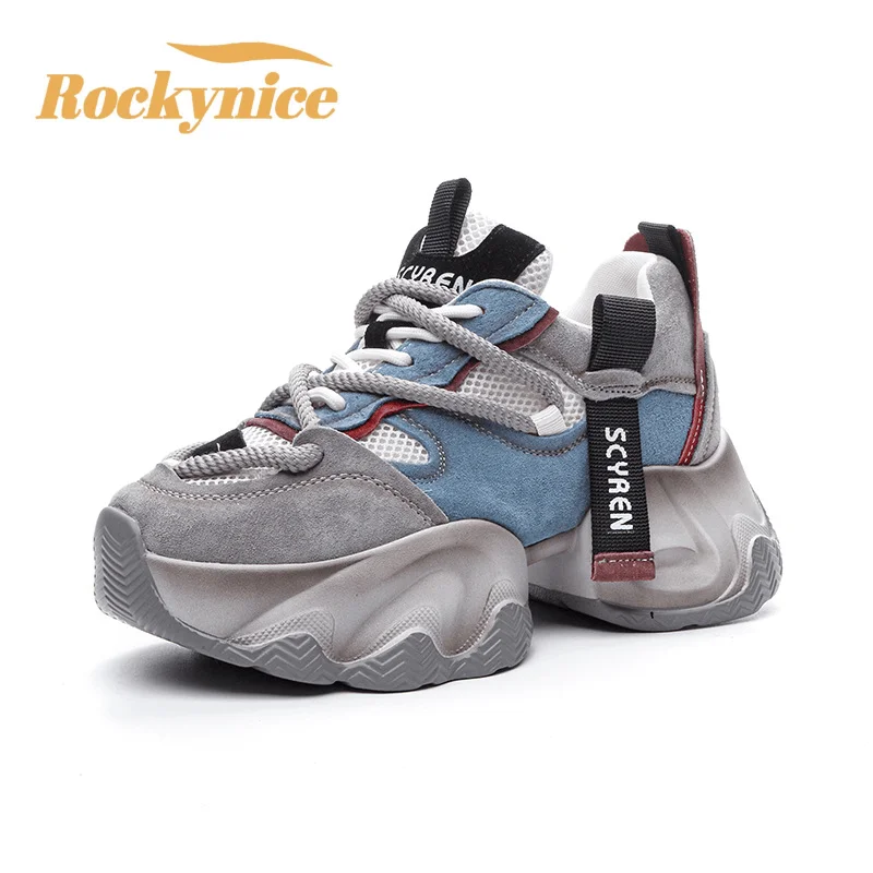 

8CM Heels Chunky Sneakers Women 2026 Spring Mesh Leather Platform Shoes Mixed Colors Lace-Up Ladies Trainers Student Sport Shoes