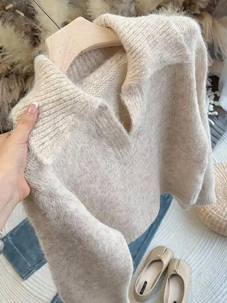 

Soft Knitted Sweater Women's Collar Casual Top Self-Kee Sle Spring Lazy Faion V-Ne Long Sve ort Length Pure Color